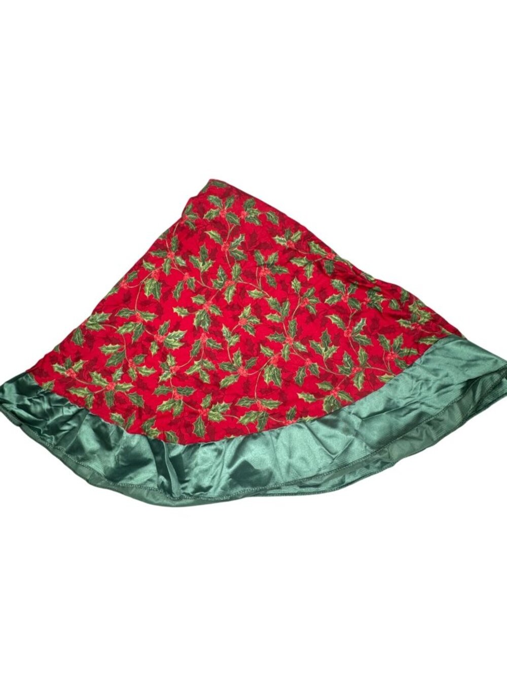 Handmade Red & Green Christmas Tablecloth Holly Pattern Satin Trim 50" Dia READ